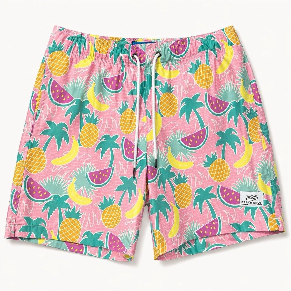 Beach Bros Swim Trunks Shorts Men Large Pink Tropical Pineapple Banana Beach